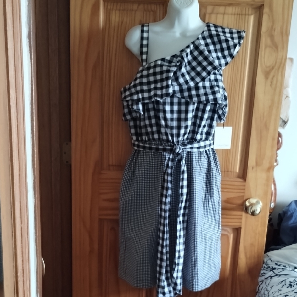 Calvin Klein Black and White One-Shoulder Gingham Ruffle Dress